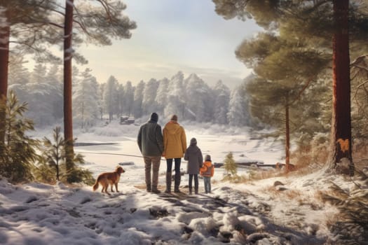 Family walking in the snow in forest on winter day. Spending leisure time close to nature. Snowy winter. Cold day. Active people. Physical activity. Healthy lifestyle. Daily routine