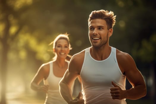 Couple running outdoor during workout on autumn day. Man and woman jogging in park. Active people. People while cardio training. Physical fitness. Cardio workout. Healthy lifestyle. Daily routine. Body exercises