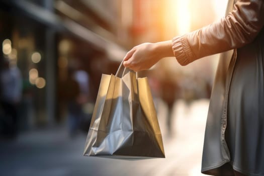 Elegant woman in modern jacket holding shopping bag. Close up shot of female hand with gift bag. Blurred city street in the background. Lifestyle consumer concept