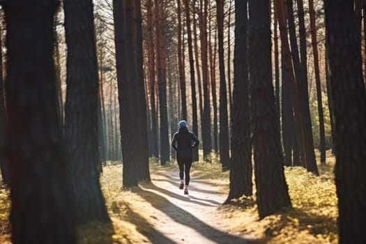 Woman jogging in forest. Running at sunrise. Active person. Cardio training. Physical fitness. Cardio workout. Healthy lifestyle. Daily routine for active person. Body exercising
