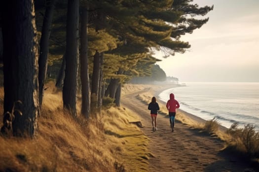 Man and woman jogging on autumn warm day. Male and female running by the sea. Active people. Cardio training. Physical fitness. Cardio workout. Healthy lifestyle. Daily routine of active people. Body exercising close to nature