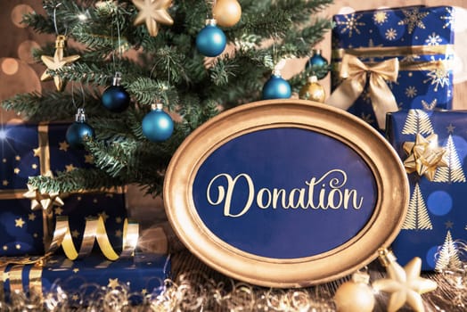 Oval Golden Frame With Text Donation, Blue And Golden Decorated Christmas Tree As Winter And Christmas Background