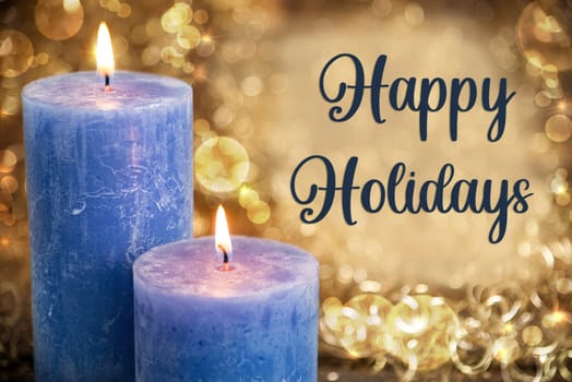 Text Happy Holidays, With Blue Candles, Warm And Cozy Winter Background, Golden Christmas Decoration
