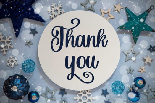 Blue Christmas Decor With Stars, Christmas Balls And Sign With Text Thank You