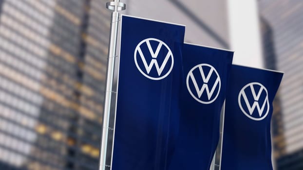 Wolfsburg, DE, Sept 20 2023: Three blue vertical banners with Volkswagen logo waving in the wind. German vehicle automotive brand. Illustrative editorial 3d illustration render