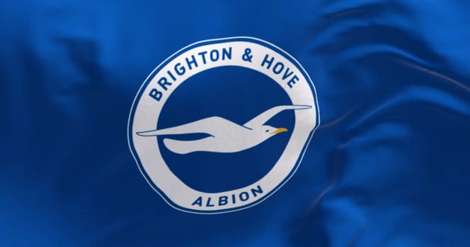 Brighton, UK, oct. 19 2023: Close-up of Brighton football club flag waving. English professional football team. Illustrative editorial 3d illustration render. Rippled fabric. Textured background