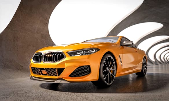 luxurious yellow sports car in a modern concrete tunnel. 3d render
