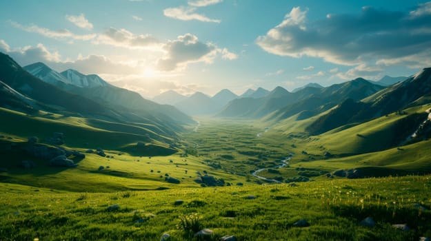 Mountain valley during sunrise. Natural summer landscape. AI generated