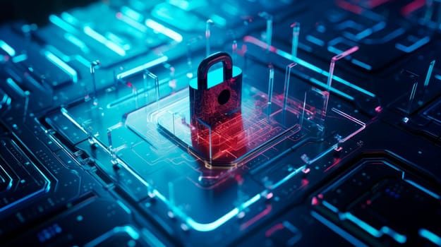 Padlock on computer motherboard, cyber security concept. Internet data privacy information security concept. AI generated