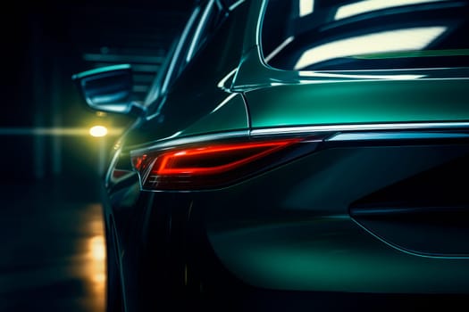 Rear stop LED light of green car. Luxury car tail light on a dark  background. AI generated