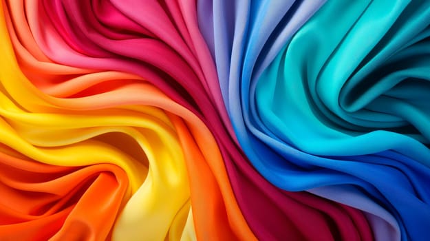 Twisted rainbow colored fabric. Background made of multi-colored fabric. Silk fabric for sewing light clothing. Fashionable lightweight silk fabric. AI generated