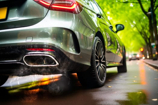 Exhaust pipe of a car blowing out the pollution from the back of a gray car. AI generated
