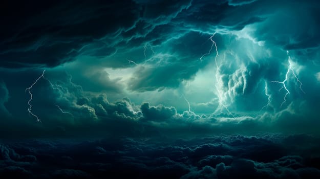Thunderous dark sky with black clouds and flashing lightning. Concept on the theme of weather, storms, typhoons,  thunderstorms, lightning. AI generated