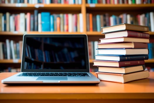 Stack of books with laptop on table in library room. AI generated . AI generated