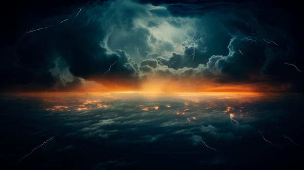 Thunderous dark sky with black clouds and flashing lightning. Concept on the theme of weather, storms, typhoons,  thunderstorms, lightning. AI generated