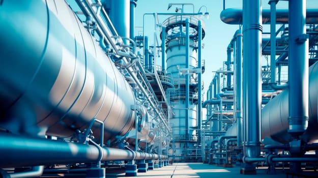 Hydrogen power plant, large steel tanks and pipes, clean H2 energy concept.AI generated