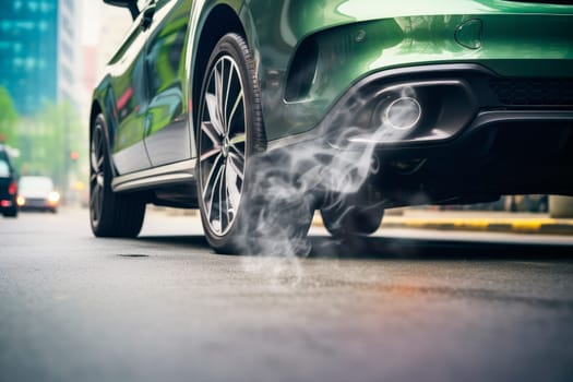 Exhaust pipe of a car blowing out the pollution from the back of a green car. AI generated