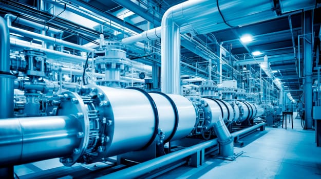 Hydrogen power plant, large steel tanks and pipes, clean H2 energy concept.AI generated