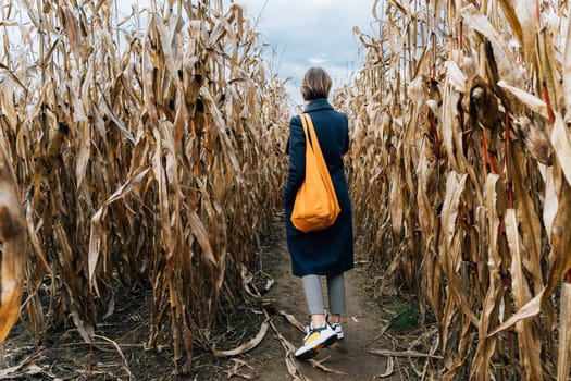 Rear view of a woman in a coat with a bright orange bag walking between rows of corn in a field in autumn.