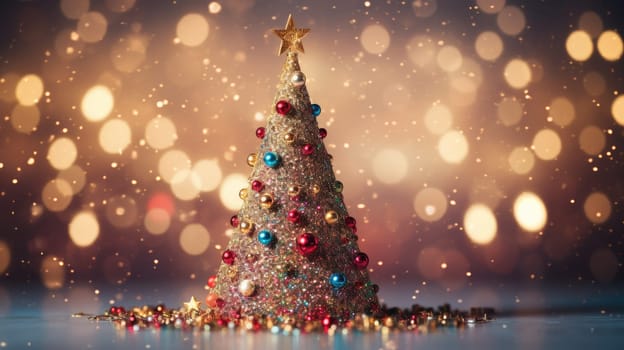 christmas tree xmas holiday decoration with glitter bokeh background, ai