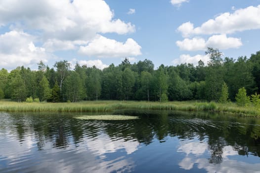 Reservoir at the red moor in the high Rhoen, Hesse, Germany. With blue sky and white clouds and reflection in the water