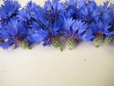 Still life with blue cornflowers flowers on a wooden board