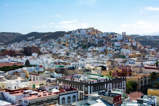 Panoramic top view of the capital Las Palmas Gran Canaria in Spain with blue sky