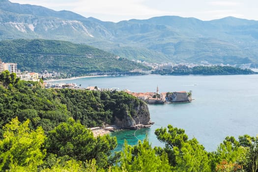 View from Mogren beach to the Old Town of Budva, Montenegro