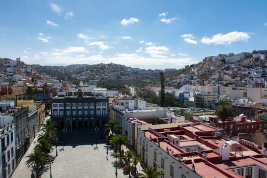 Panoramic top view of the capital Las Palmas Gran Canaria in Spain with blue sky