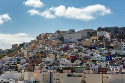Panoramic top view of the capital Las Palmas Gran Canaria in Spain with blue sky