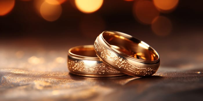 Golden wedding rings close-up lie on top of each other on a blurred background of festive illumination.Generative AI