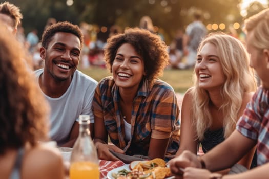 Mixed race friends having a picnic in the park, outdoor party. Rest outside the city. Happy people enjoy. Weekends in summer.Generative AI