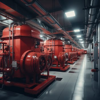 Modern industrial gas boiler room equipped for heating. Heating gas boilers, pipelines, fittings. red tinting.Generative AI