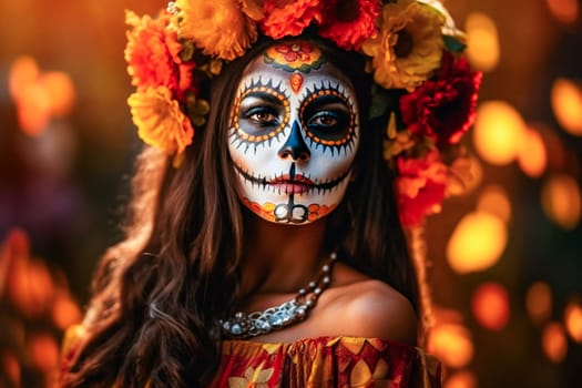 close-up young woman with make-up at the festival Day of the Dead - Dia de los Muertos - a holiday dedicated to the memory of the dead.against the backdrop of illumination.generative Ai