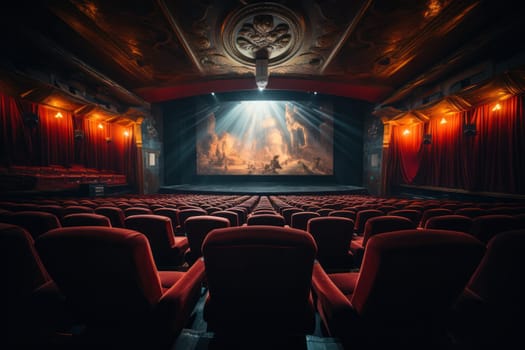 film on screen old retro cinema with red velvet walls and seats. mystical atmosphere. Generative AI