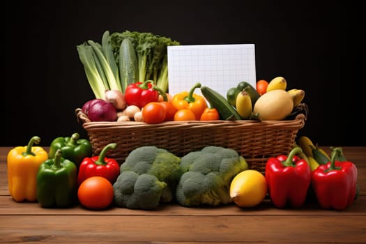 Healthy food, fruits and vegetables in a grocery cart with grocery list. Choosing healthy food for the heart, healthy lifestyle concept.Generative AI