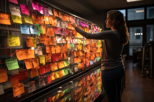 people read and look at messages on colorful stickers on a glass wall.Generative AI