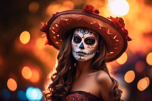 close-up young woman with make-up at the festival Day of the Dead - Dia de los Muertos - a holiday dedicated to the memory of the dead.against the backdrop of illumination.generative Ai