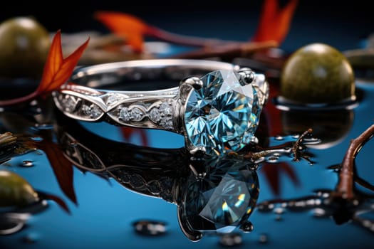 engagement ring with sapphire, jewelry with blue diamond and diamond gemstones. on a black wet mirror surface among flowers.Generative AI