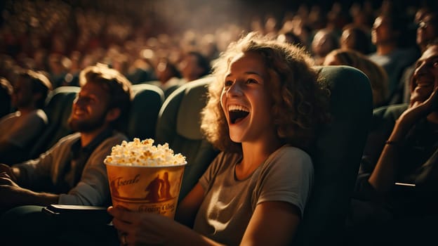 teenagers watching a funny movie in the cinema. crowd of happy spectators sitting in armchairs laughing at the movie they are watching and enjoying popcorn and drinks. Generative AI