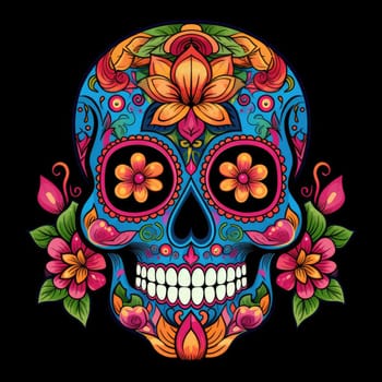 colorful sugar skull decorated with intricate floral patterns on a dark background.generative Ai,