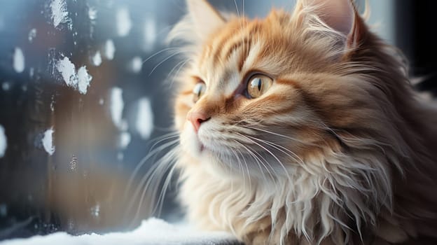 muzzle of a fat fluffy ginger cat looking at the snow. Generative AI