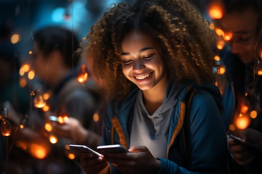 Beautiful young woman using a smartphone, in a bright festive interior, illuminated by the light of garlands. Portrait of a gorgeous smiling woman using a mobile phone.Generative AI
