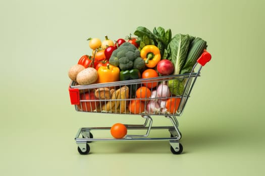 Healthy food, fruits and vegetables in a grocery cart on a light background. Choosing healthy food for the heart, healthy lifestyle concept.Generative AI