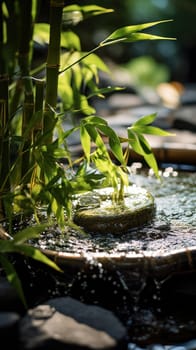 Decorative pond with a fountain and bamboo shoots.spa content.Generative AI