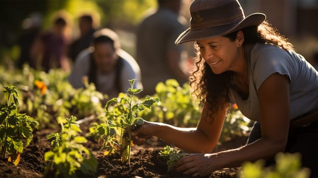 Farmer and his assistant planting seedlings on the farm plantation.Generative AI