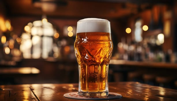 Glass of light beer on a dark pub. Generative AI