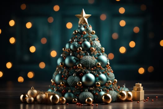decorative Christmas green and gold toy tree against the background of Christmas illumination. copy space.Generative AI