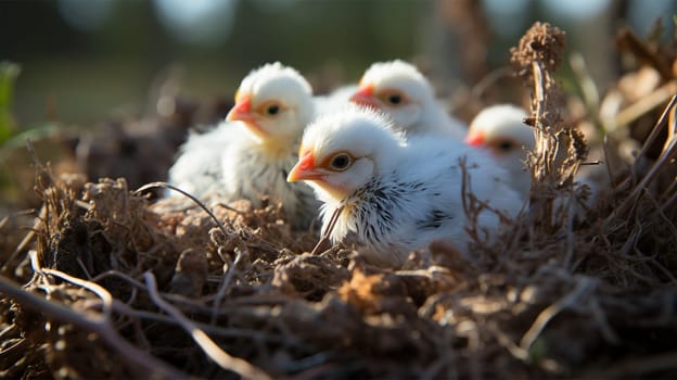 little chicks in a nest on the grass in the farm yard.Generative AI