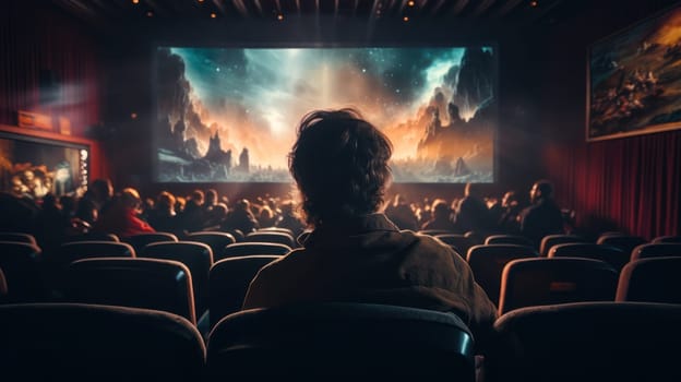 film on screen old retro cinema with red velvet walls and seats. mystical atmosphere. Generative AI